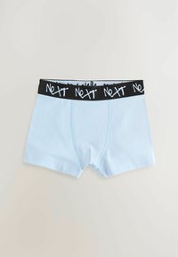 Helle blaue Baumwoll-Boxershorts mit einem schwarzen, markierten Gummibund, präsentiert in einem schlichten Design und mit flachen Nähten.