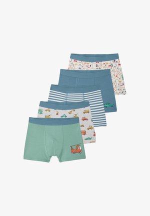 Five pairs of boys' boxer briefs with vehicle-themed patterns in various colors, including green, blue, stripes, and traffic designs.
