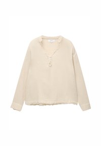 Helles beige Langarmhemd aus knitterfreiem Stoff, mit V-Ausschnitt mit Rüschendetails und drei Knöpfen auf der Brust, in lockerer Passform.