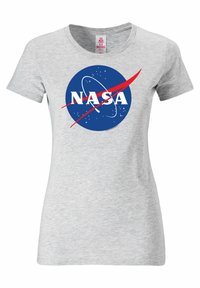 Gray, short-sleeve T-shirt made of cotton with a round NASA logo featuring a blue circle, red accent, and white text.