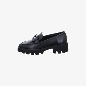 Black leather loafer with chunky lug sole and decorative strap across the top, side view on a white background.