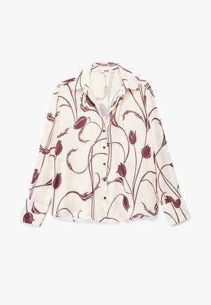 Long-sleeve blouse in cream fabric with maroon tulip print, collar, and button front. Soft texture with relaxed fit and cuffed sleeves.