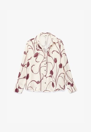 Blusa a maniche lunghe in tessuto crema con stampa di tulipani bordeaux, colletto e chiusura a bottoni. Tessuto morbido con vestibilità rilassata e maniche con polsini.