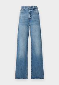 Jeans en denim bleu à jambes larges avec une taille haute et une finition délavée, présentant des coutures contrastées et un style classique à cinq poches.
