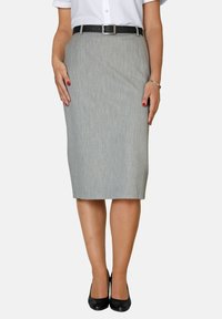 Grå pennkjol med en subtil textur, knälång, ett svart bälte i midjan, matchad med svarta högklackade skor.