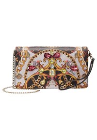 Borsa a tracolla con catena, caratterizzata da un motivo in bianco, nero e oro, adornata con accenti di gemme colorate.