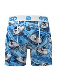 Boxerishortsit, joissa on sininen timantti- ja dollariprintti sekä valkoinen, sinisin kirjaimin "PSD" merkitty joustava vyötärönauha.