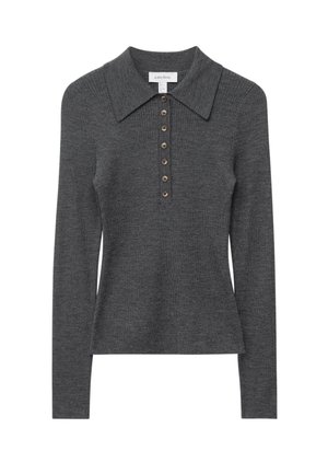 Dark gray ribbed knit long-sleeve top with a wide collar and a row of seven brown buttons down the front.