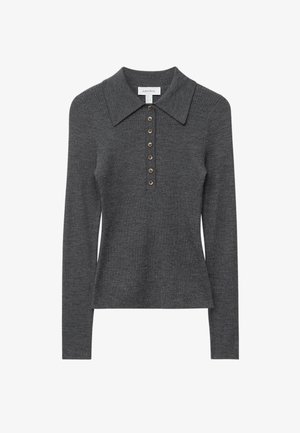 Dunkelgraues, geripptes Langarmoberteil mit weitem Kragen und einer Reihe von sieben braunen Knöpfen auf der Vorderseite.