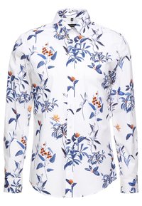 Koszula z d�ługim rękawem w białym kolorze, zdobiona kwiatowym wzorem w odcieniach niebieskiego, pomarańczowego i zielonego, z standardowym kołnierzykiem i zapięciem na guziki.
