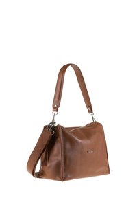 Borsa a tracolla in pelle marrone con finitura testurizzata, caratterizzata da una singola tracolla e un design elegante. Visibili dettagli in metallo.