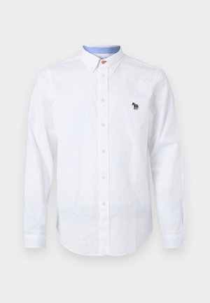 Camicia bianca con bottoni, realizzata in cotone, con colletto, maniche lunghe e un logo di zebra colorato ricamato sul petto.