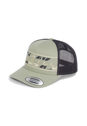 Green and black snapback hat with a mesh back, flat brim, and a prominent logo band featuring abstract patterns.