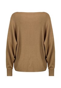 Bruine oversized trui van gebreid materiaal, met een brede halslijn, sleufschouders en een losse pasvorm met lange mouwen.