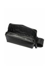 Borsa in pelle nera con forma rettangolare, chiusura con zip e superficie liscia. L'interno presenta una foderatura in tessuto e tasche organizzatrici.