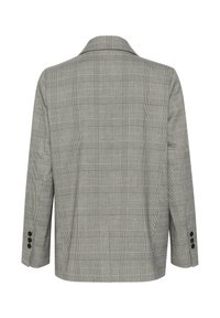 Grau karierter Blazer mit klassischem Kragen, Dreiknopfmanschetten und einem lockeren Schnitt, der vertikale und horizontale Linien im Muster aufweist.