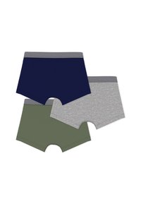 Τρία ζευγάρια μποξεράκια: ναυτικό μπλε, ελιά πράσινο και ανοιχτό γκρι. Κάθε ένα διαθέτει ριγέ ελαστική μέση και βαμβακερό ύφασμα.