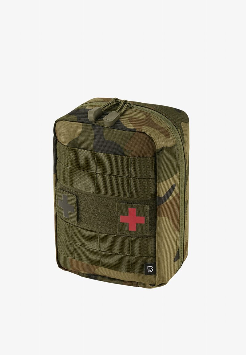 Kamikaze elsősegélytasak, tartós anyagból készült, két folt területtel, piros és szürke kereszt mintákkal, valamint cipzáras zárással.