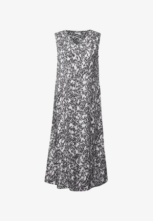 Mouwloze V-hals jurk met een zwart-wit abstract patroon, met een uitlopende silhouet en lichtgewicht stof.