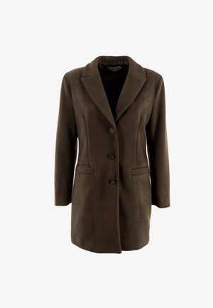 Abrigo marrón ajustado con solapa, cierre de un botón y dos bolsillos frontales. Hecho de una tela texturada para mayor calidez.
