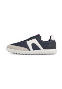 Navy and white sneakers with suede and synthetic upper. Features a rounded toe, lace-up design, and textured rubber sole with a logo.