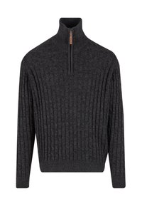 Mørkegrå sweater med høj krave, lynlås foran og ribbet tekstur hele vejen igennem. Har lange ærmer og en tætsiddende talje.