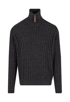 Ciemnoszary sweter z wysokim kołnierzem, zapinany na suwak, z prążkowaną teksturą na całej powierzchni. Posiada długie rękawy i dopasowany pasek w talii.