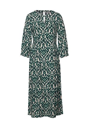 Robe verte et crème à motif floral avec des manches trois-quarts, décolleté en trou de serrure et coupe décontractée, fabriquée dans un tissu léger.