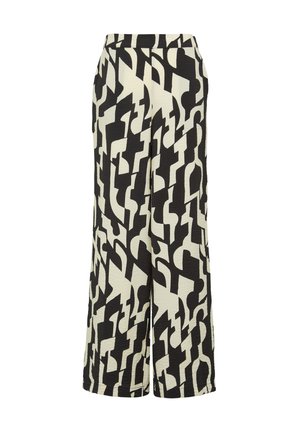 Laiad sääred tekstuuriga kangast, millel on julge must ja kreemjat värvi abstraktne muster. Varustatud küljetaskutega ja avara lõikega.