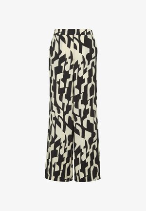 Laiad sääred tekstuuriga kangast, millel on julge must ja kreemjat värvi abstraktne muster. Varustatud küljetaskutega ja avara lõikega.