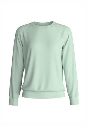 Hellgrünes Sweatshirt mit Rundhalsausschnitt, langen Raglanärmeln und gerippten Bündchen an Ärmeln und Bund, auf weißem Hintergrund dargestellt.