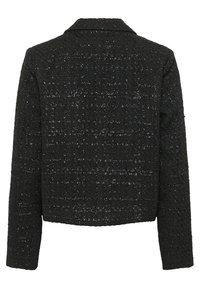 Juoda tekstūruota striukė su apykakle, ilgomis rankovėmis ir trumpu dizainu. Audinys pasižymi subtiliu metaliniu blizgesiu.