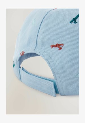 Lichtblauwe katoenen pet met geborduurde kleurrijke dinosaurussen in rood, groen en donkerblauw. Voorzien van een verstelbare band aan de achterkant.