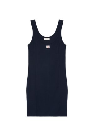 Φόρεμα σε ναυτικό μπλε χωρίς μανίκια με ριμπ ύφανση, στρογγυλή λαιμόκοψη και κεντητό λογότυπο Calvin Klein Jeans στο κέντρο μπροστά.