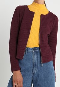 Burgundy texturerad jacka med dragkedja, bärs över en senapsgul ribbad polotröja. Matchas med blå högmidjade denimjeans.