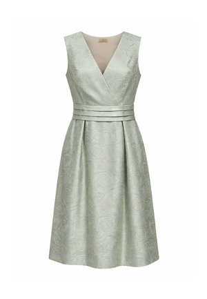 Abito verde chiaro senza maniche con scollo a V, motivo jacquard floreale, vita aderente con fascia orizzontale plissettata e gonna svasata lunghezza al ginocchio.