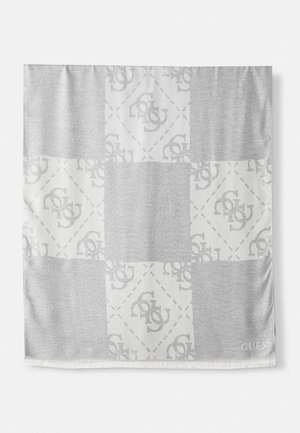 Écharpe argentée à motif avec un design en grille, présentant des logos répétitifs et une texture subtile. Fini avec des franges.