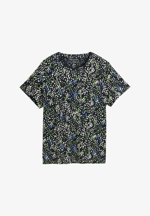 Kortärmad T-shirt i marinblått med ett flerfärgat, abstrakt mönster av vita, blå och gröna prickar. Mjuk tyg, avslappnad design.