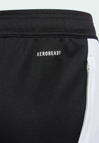 Zwarte sportshorts van een gestructureerd materiaal, met witte zijaccenten en een "AEROREADY" logo. Ritszakdetail aan de zijkant.