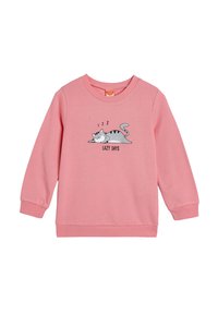 Różowy sweatshirt z długimi rękawami, prążkowanymi mankietami i okrągłym dekoltem. Posiada wzór z rysunkowym kotem oraz napis "LENIWIE DNI" poniżej.
