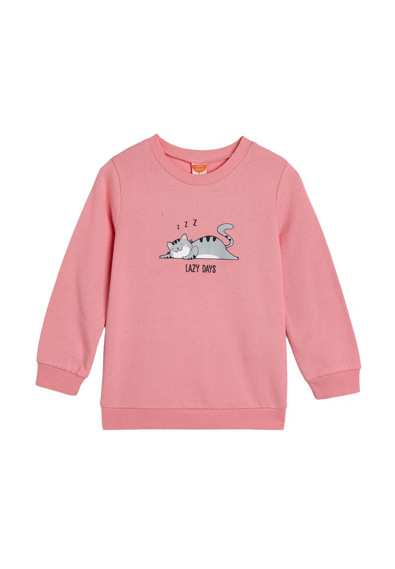 Różowy sweatshirt z długimi rękawami, prążkowanymi mankietami i okrągłym dekoltem. Posiada wzór z rysunkowym kotem oraz napis "LENIWIE DNI" poniżej.