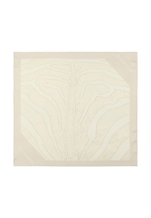 Foulard carré couleur crème avec un motif subtil à rayures zébrées et le texte "ALLSAINTS" sur deux coins.