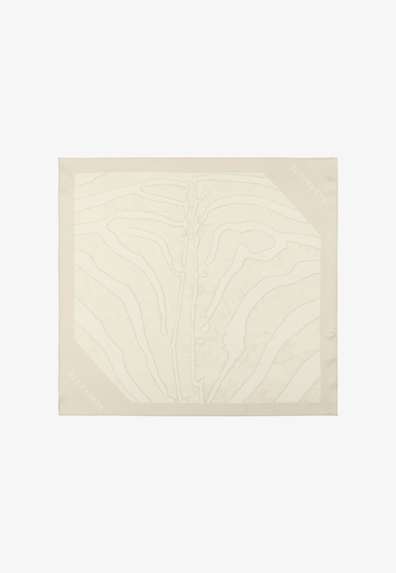 Foulard carré couleur crème avec un motif subtil à rayures zébrées et le texte "ALLSAINTS" sur deux coins.