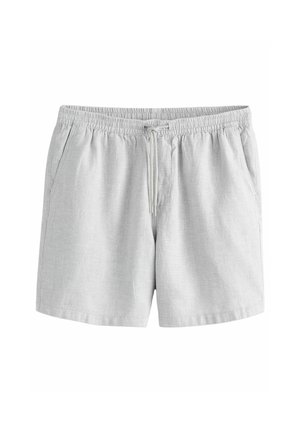 Pantaloni corti grigio chiaro con elastico in vita e cordoncino, dotati di due tasche laterali e un tessuto testurizzato. Senza motivi o abbellimenti visibili.