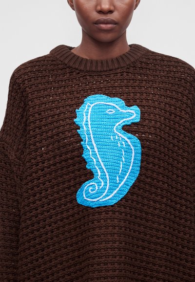 Pull marron tricoté avec un grand motif hippocampe bleu crocheté sur la poitrine, porté par une personne sur un fond uni.