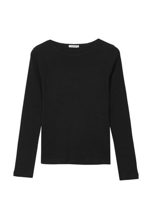 Maglietta nera a maniche lunghe con scollatura rotonda, realizzata in un materiale a coste, con design aderente e senza motivi o dettagli visibili.