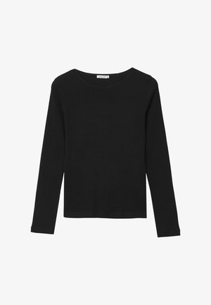 Maglietta nera a maniche lunghe con scollatura rotonda, realizzata in un materiale a coste, con design aderente e senza motivi o dettagli visibili.