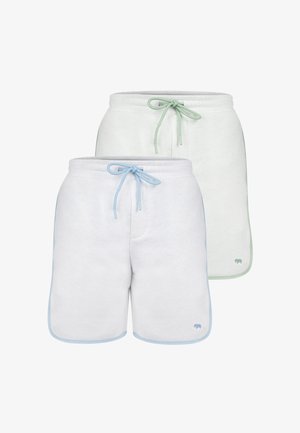 Valged ja helesinised puuvillasegu lühikesed püksid, millel on elastsed vööd siniste ja Roheliste paeladega ning kontrastsed ääred.