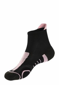 Black ankle socks with pink accents, featuring a ribbed design, padded sole, and reinforced toe. Textured surface for grip.