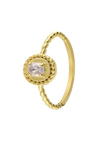 Gouden gedraaide bandring met een centrale ovaalvormige heldere edelsteen, gezet in een ronde getextureerde bezel, met complexe details.